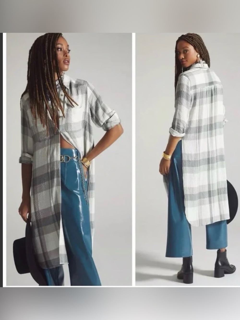 Pilcro Anthropologie longline Gray and White Plaid button up Shirt small